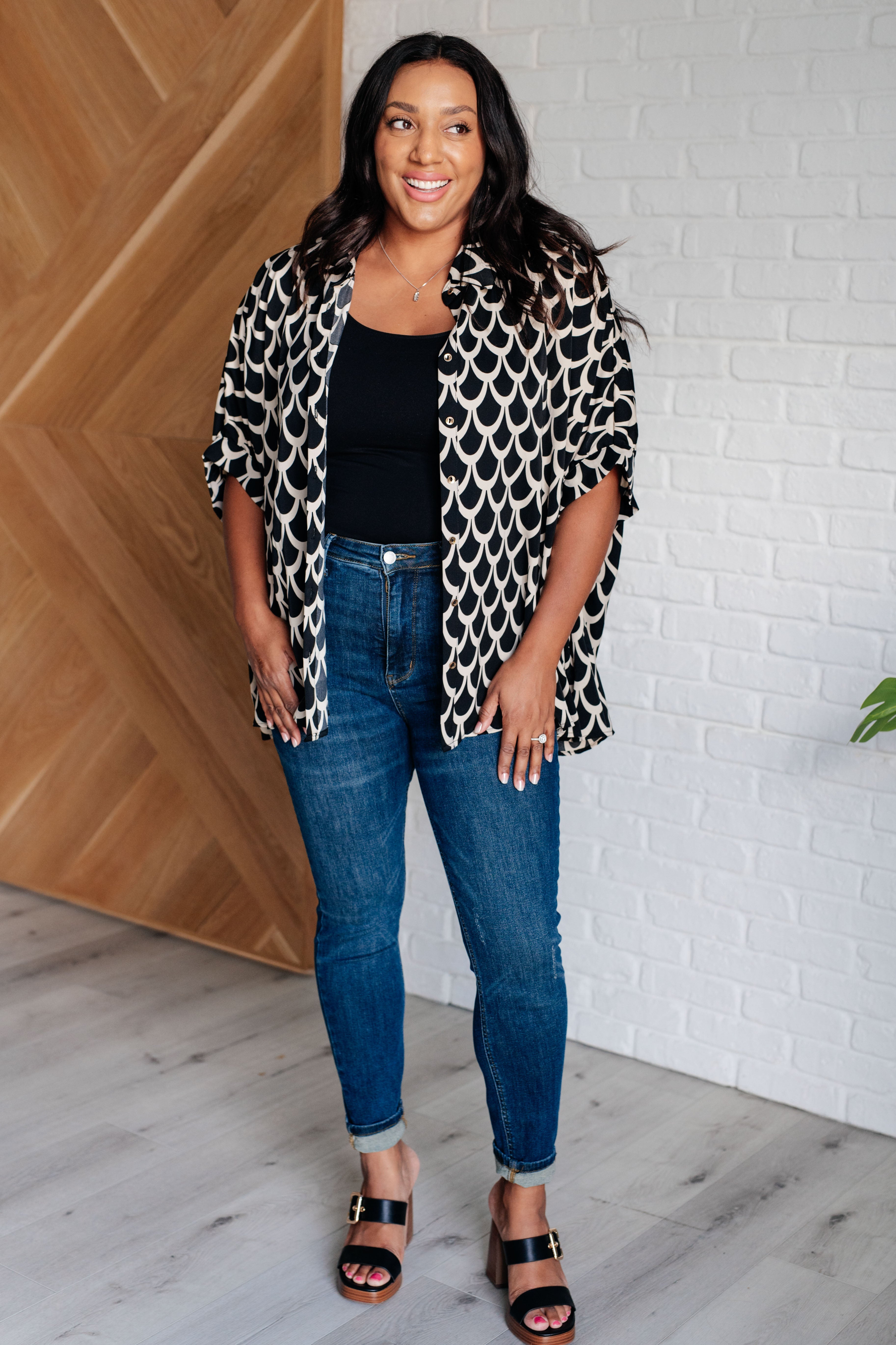 Plus Size Art Deco Button Up Blouse for Curvy Women