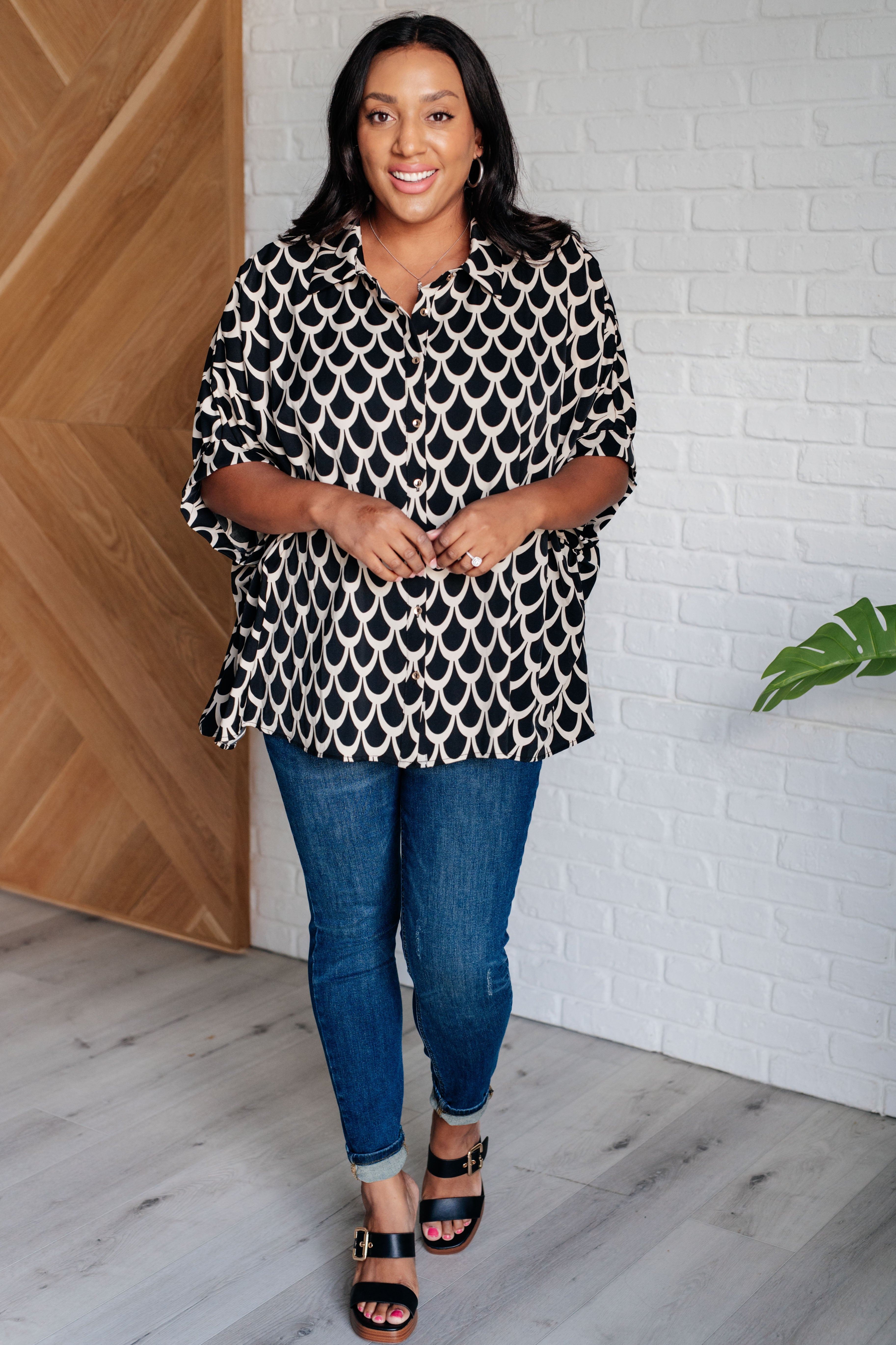 Plus Size Art Deco Button Up Blouse for Curvy Women