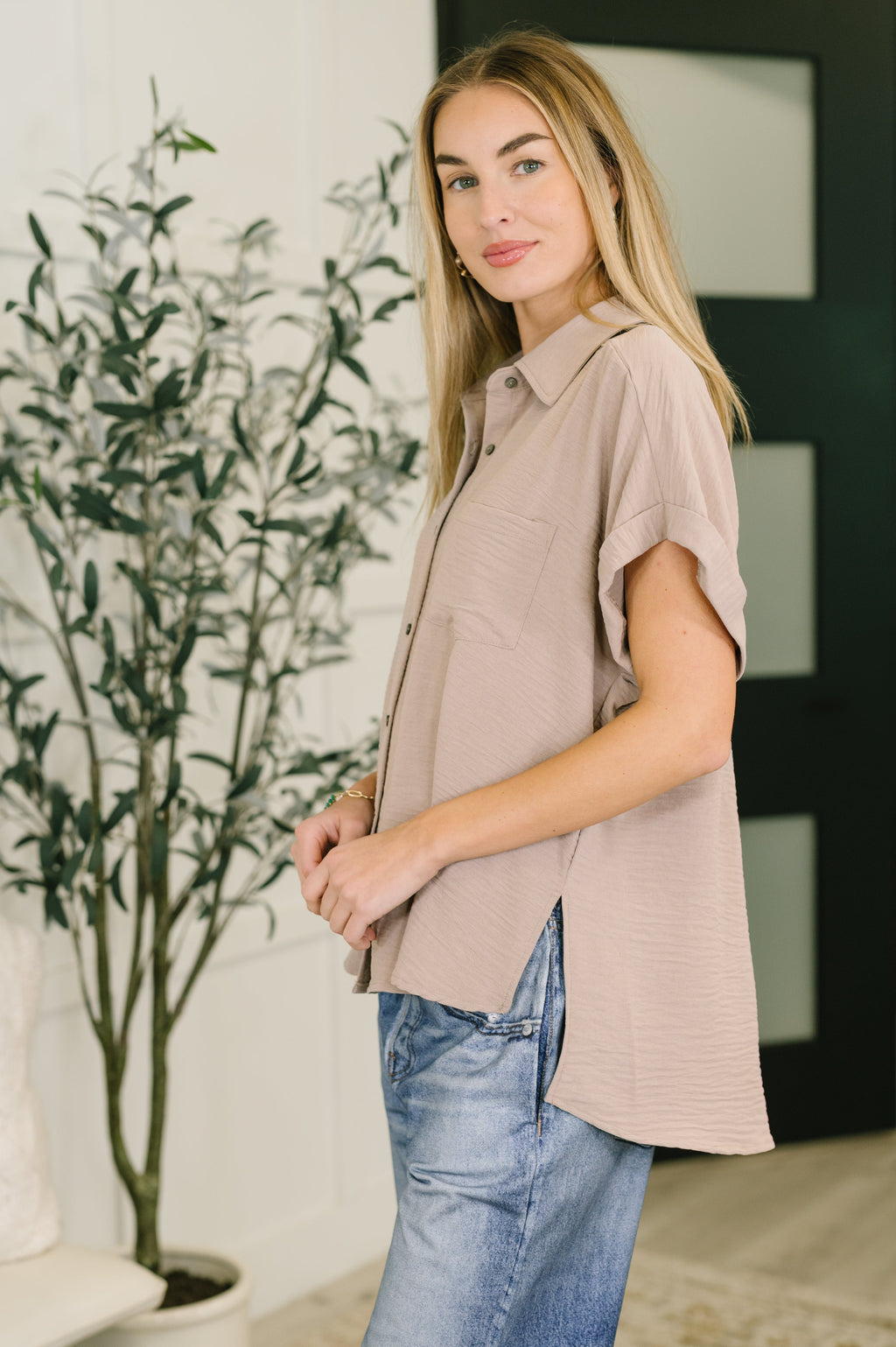 Ash Mocha Collared Button Down Shirt for Plus Size Women