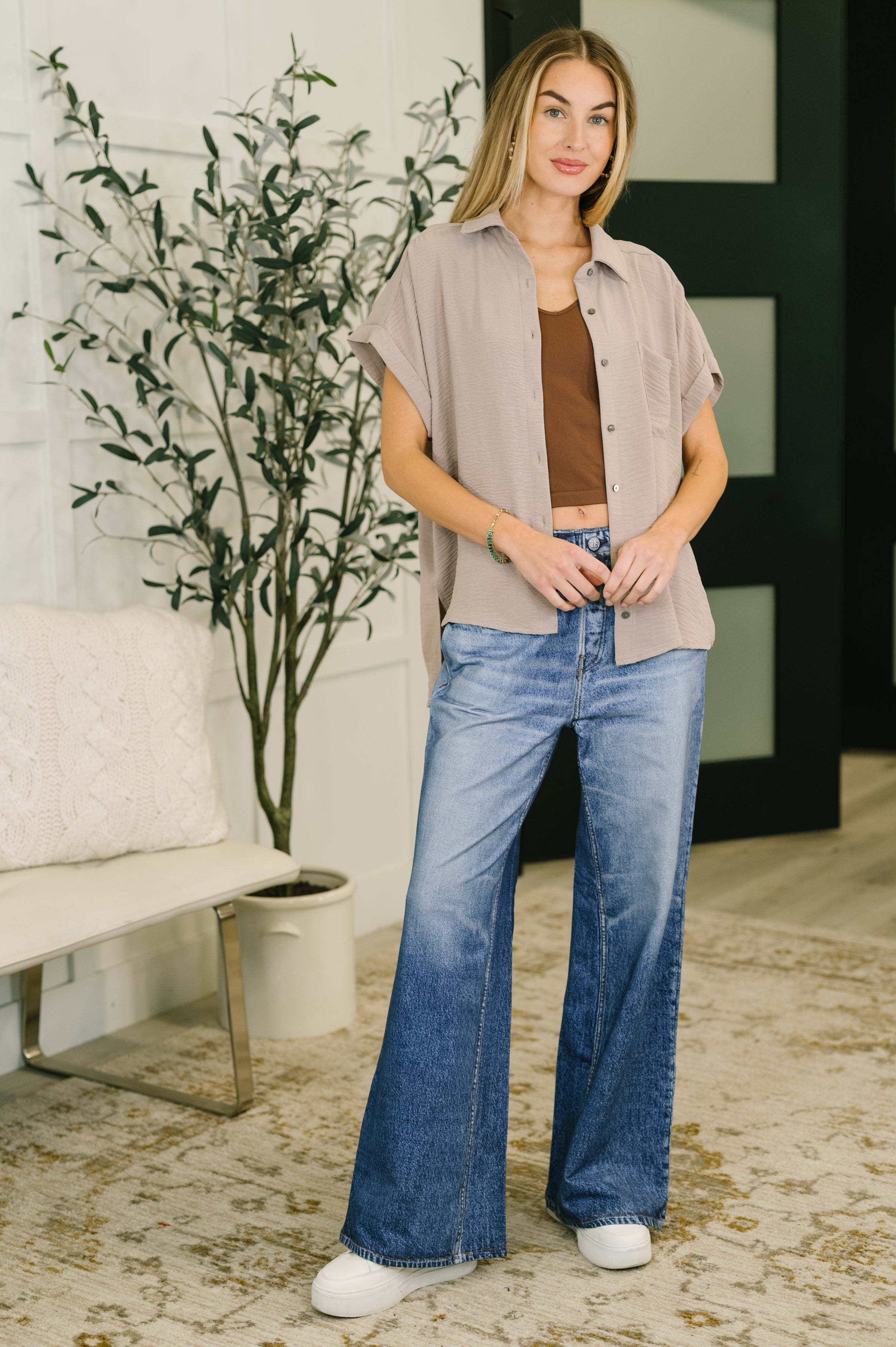 Ash Mocha Collared Button Down Shirt for Plus Size Women