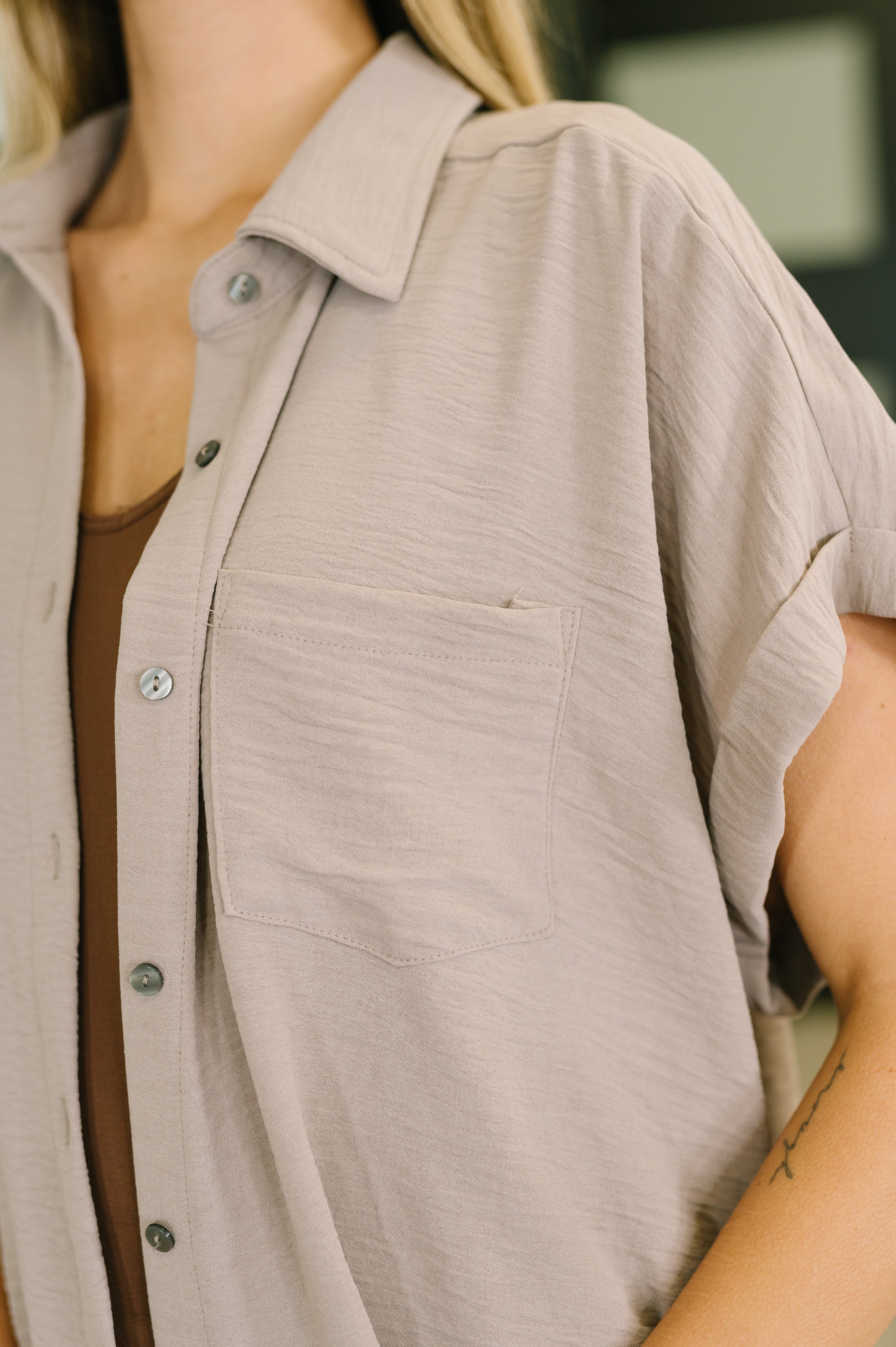 Ash Mocha Collared Button Down Shirt for Plus Size Women