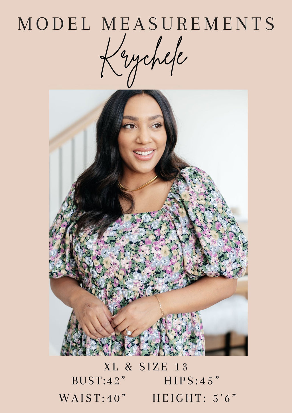 Model measurements for Krychele with a woman wearing a floral dress indoors.