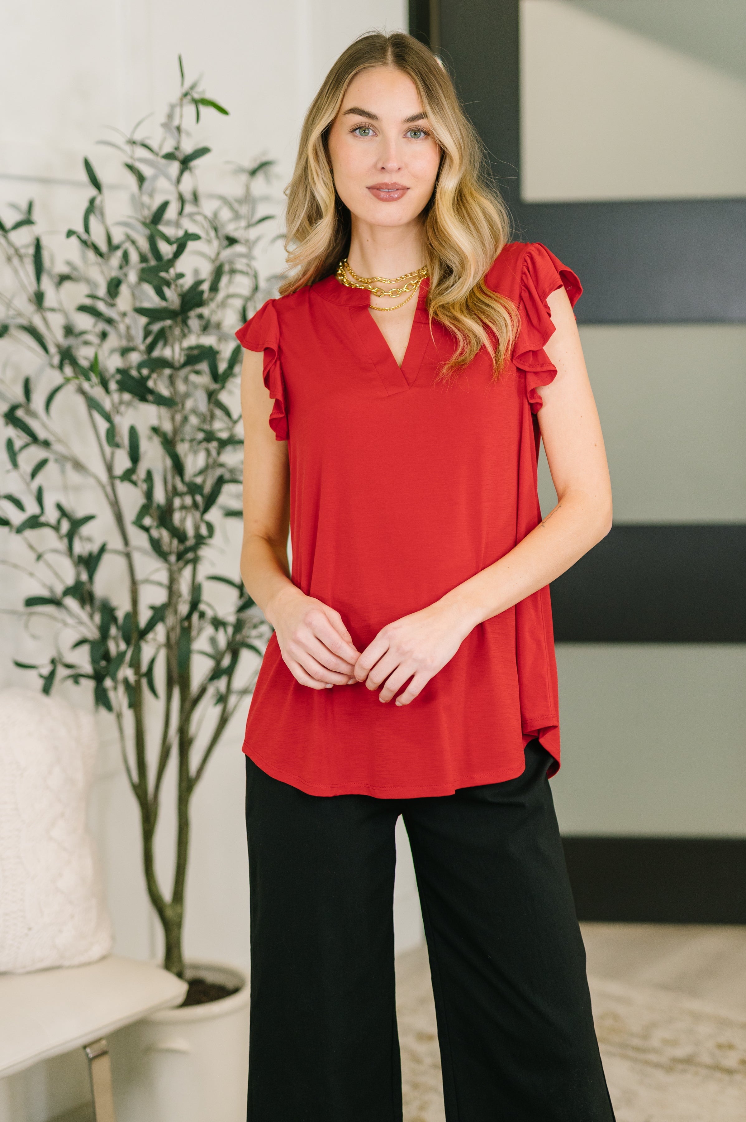 Red Flutter Sleeve V-Neck Blouse for Plus Size Women