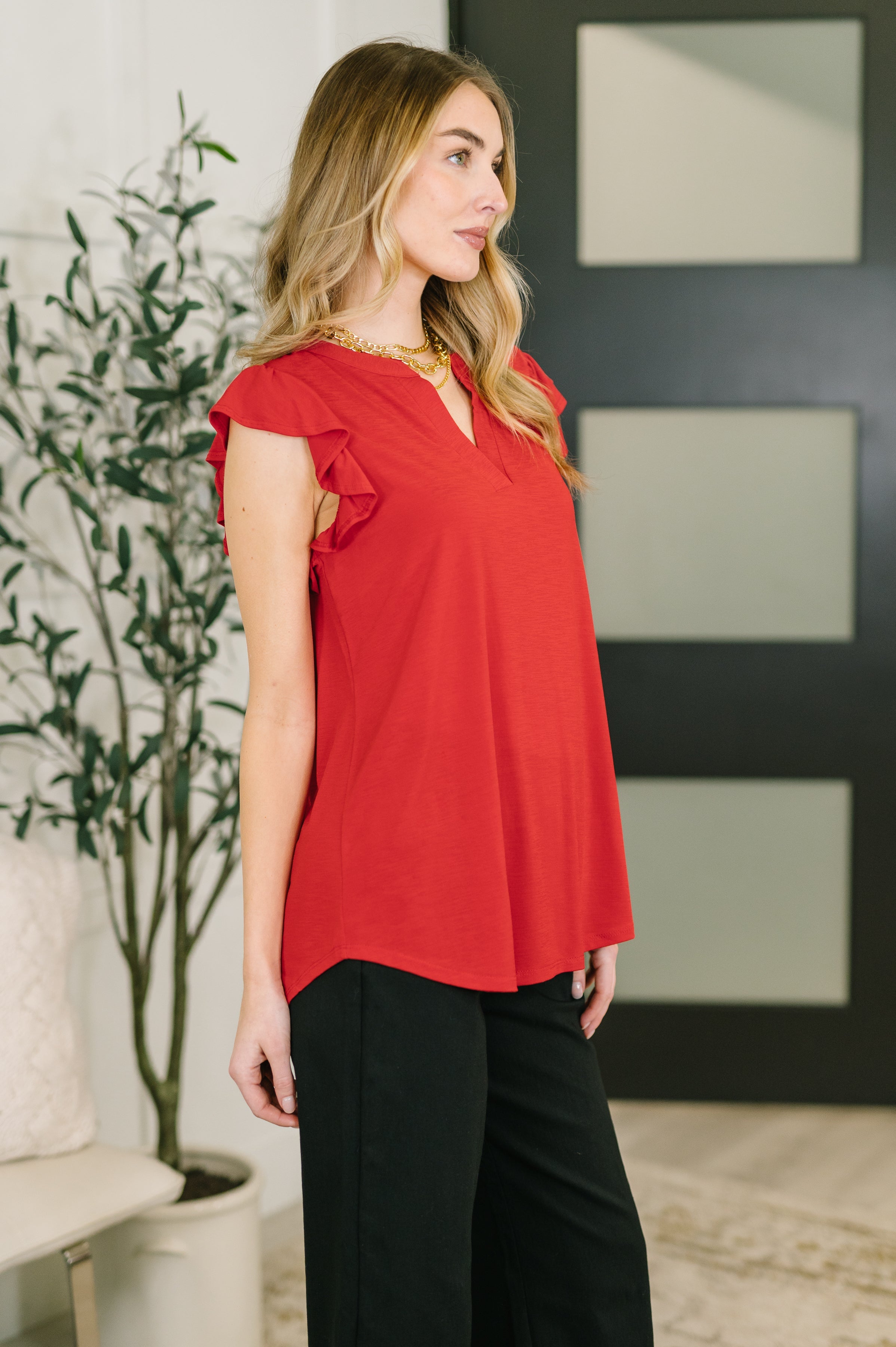 Red Flutter Sleeve V-Neck Blouse for Plus Size Women