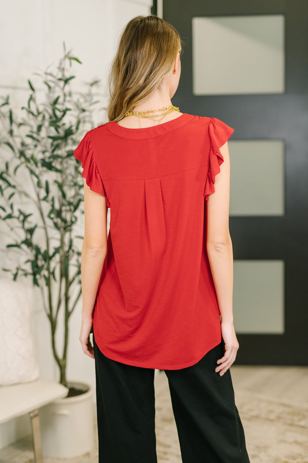 Red Flutter Sleeve V-Neck Blouse for Plus Size Women