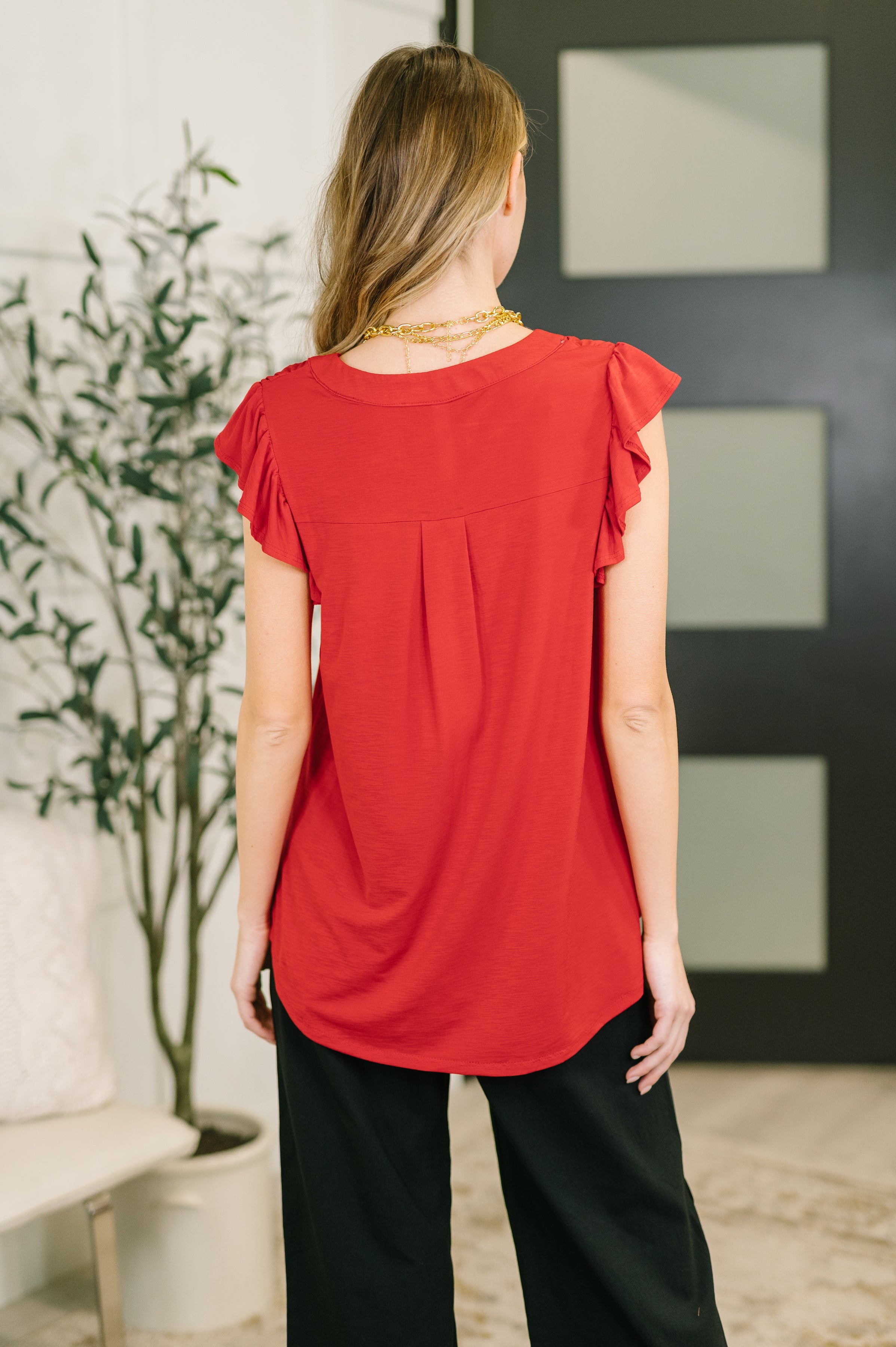 Red Flutter Sleeve V-Neck Blouse for Plus Size Women
