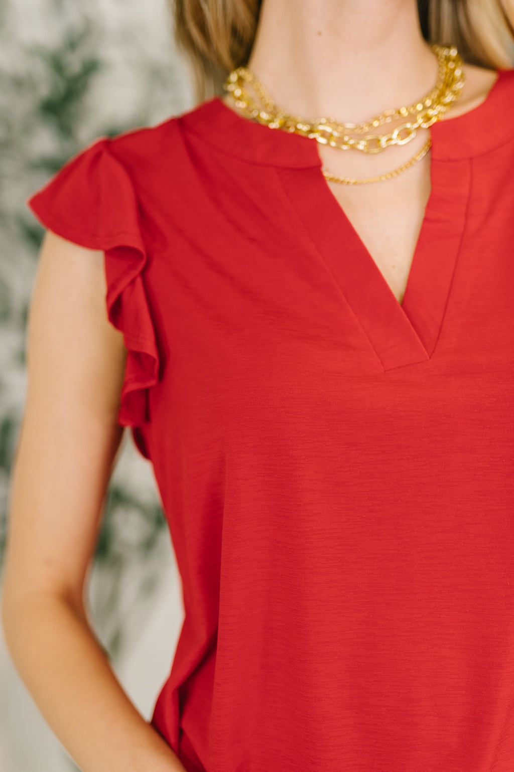 Red Flutter Sleeve V-Neck Blouse for Plus Size Women