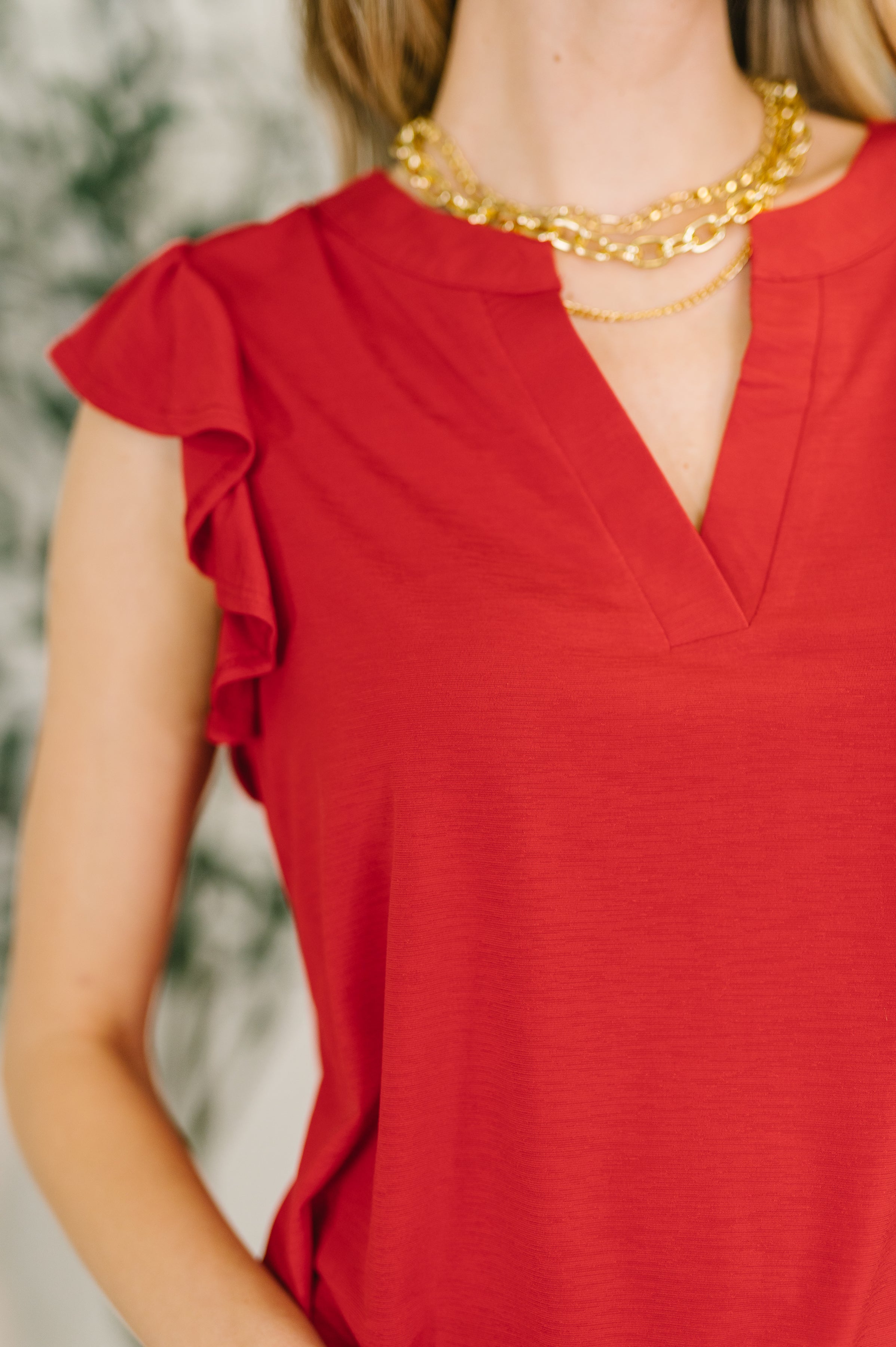 Red Flutter Sleeve V-Neck Blouse for Plus Size Women