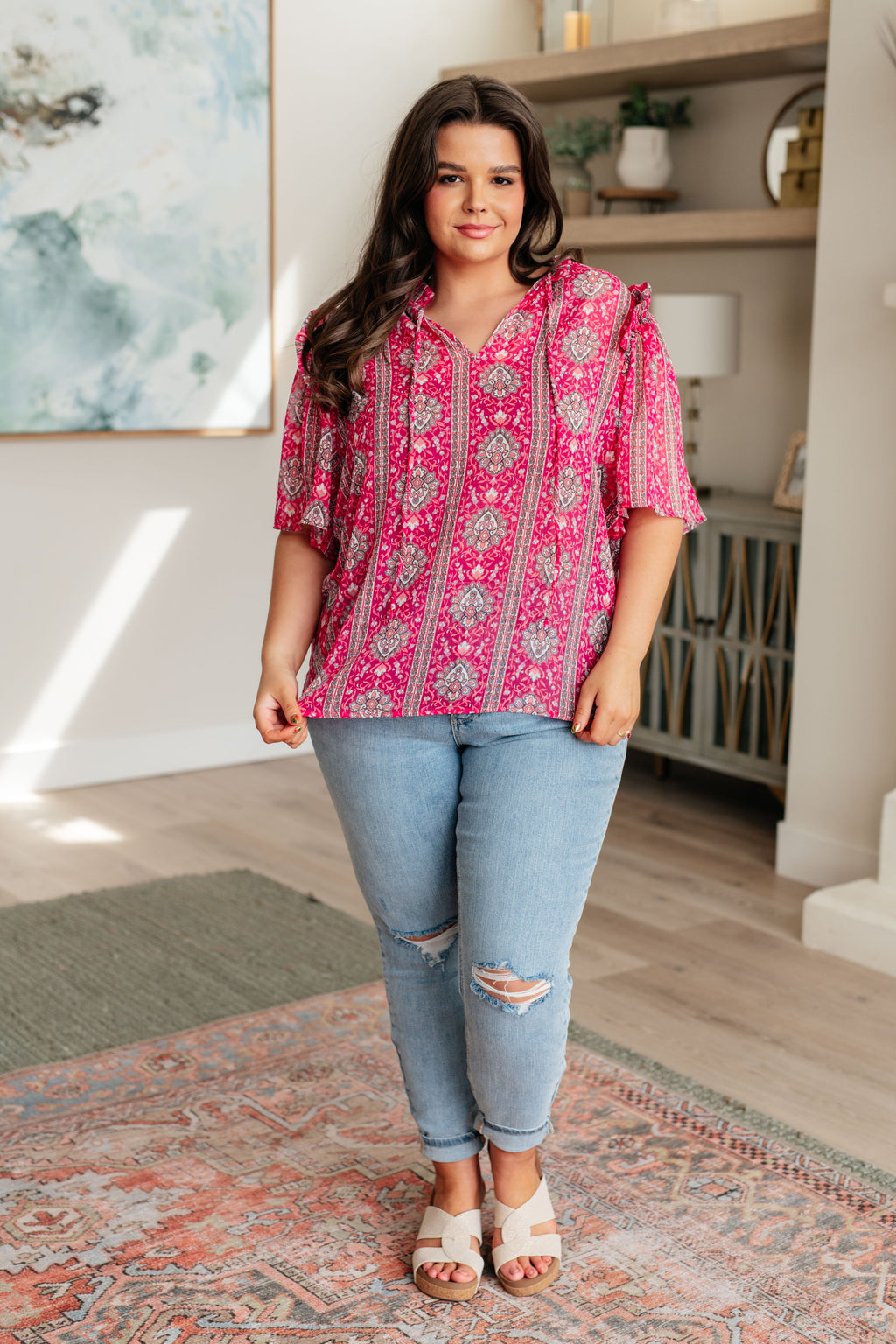 Plus Size V-Neck Bell Sleeve Blouse for Curvy Women