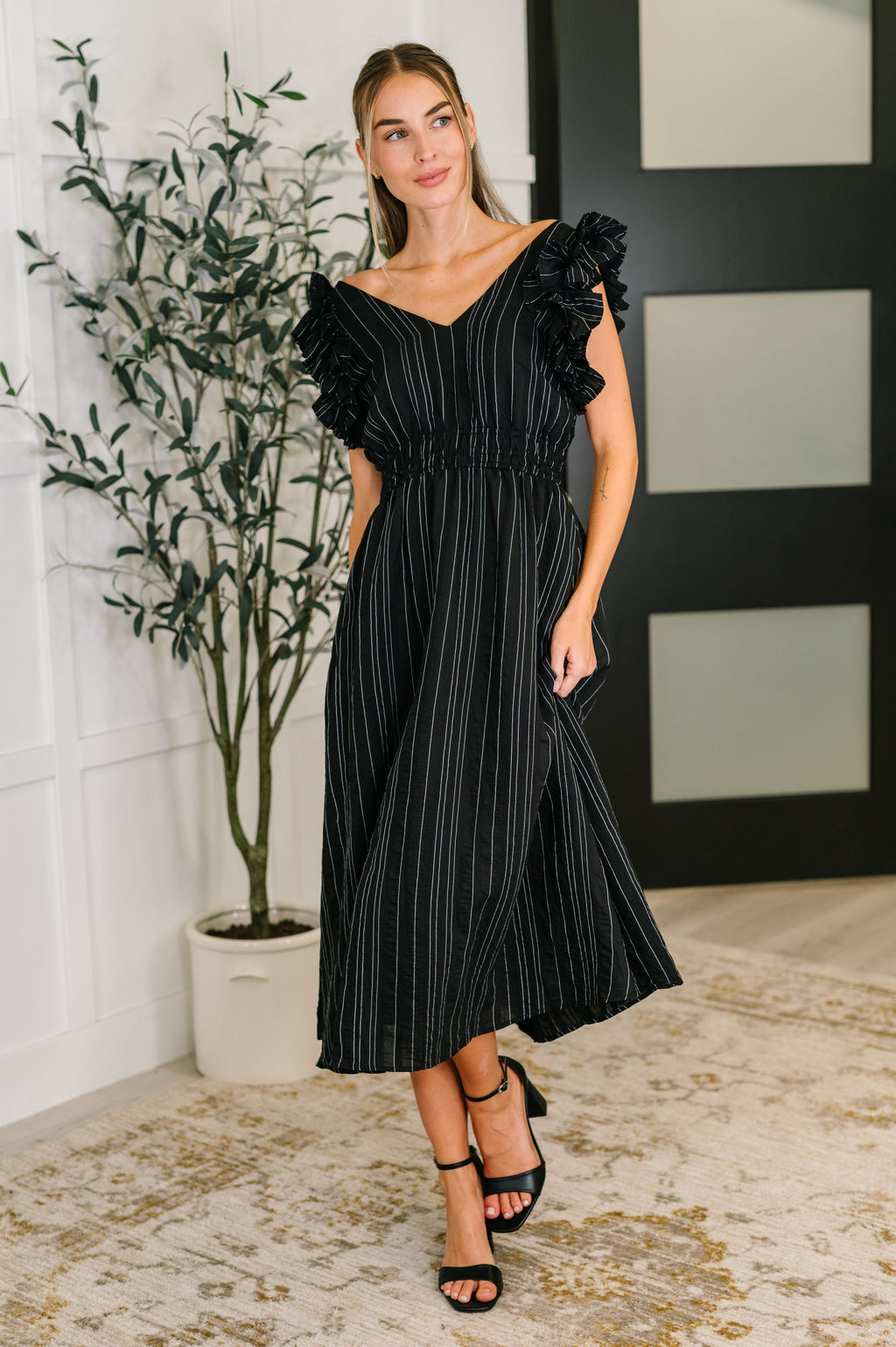 Black Pinstripe Ruffle Sleeve Dress for Plus Size Women