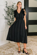 Black Pinstripe Ruffle Sleeve Dress for Plus Size Women