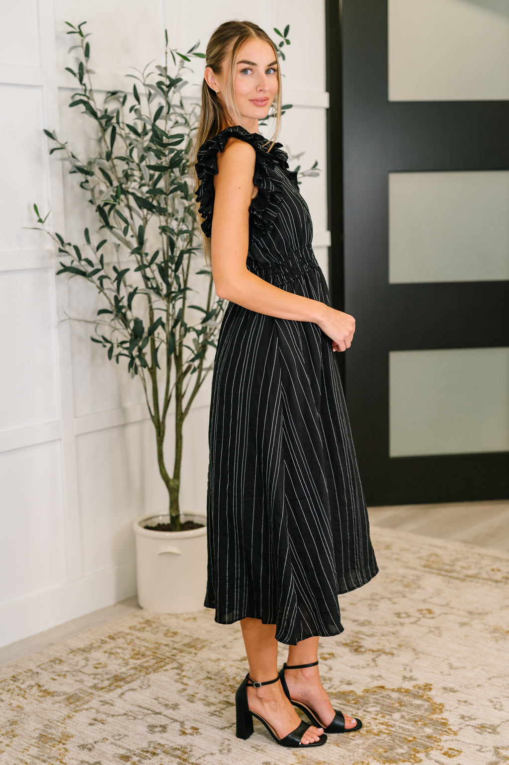 Black Pinstripe Ruffle Sleeve Dress for Plus Size Women