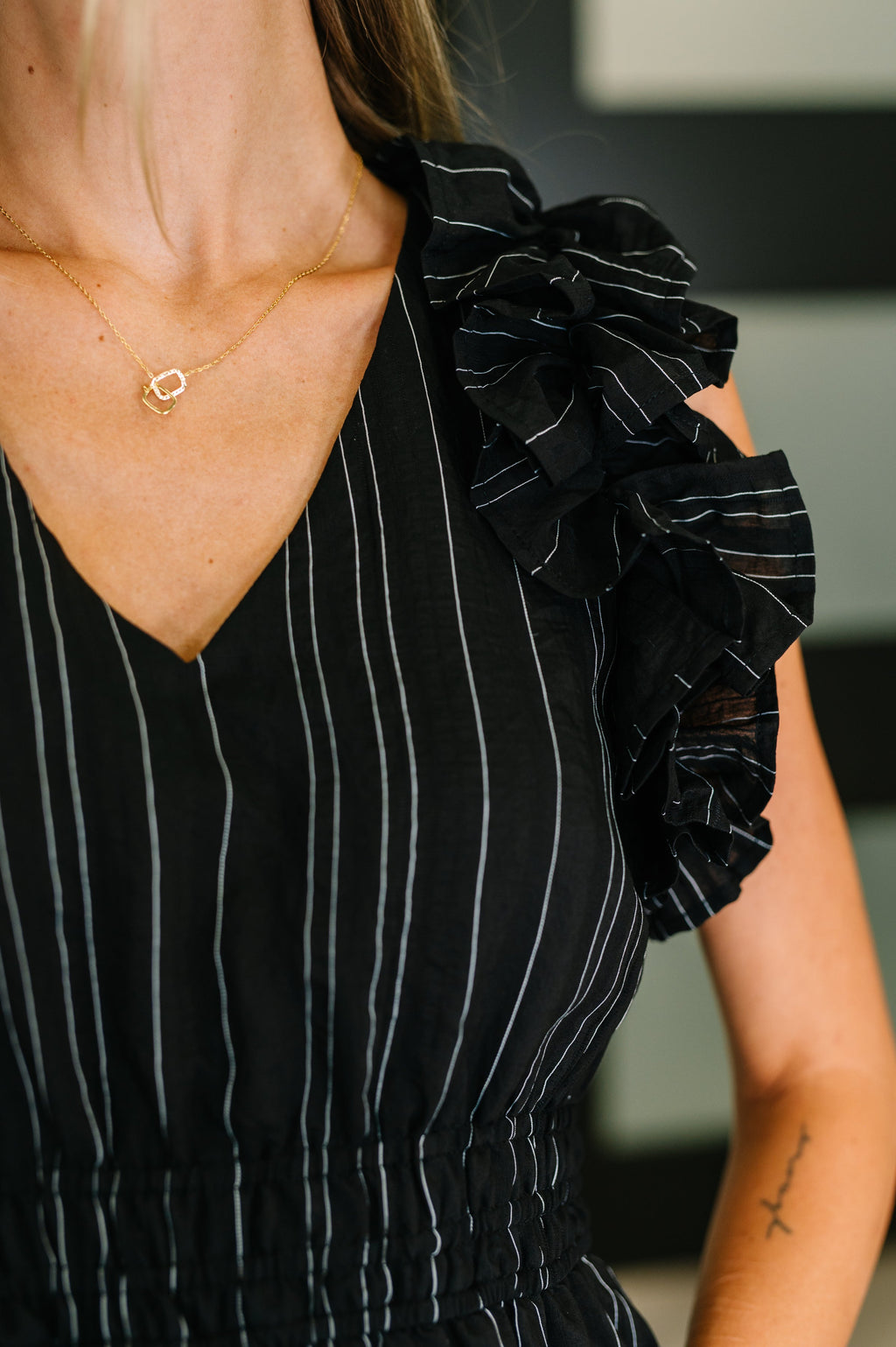 Black Pinstripe Ruffle Sleeve Dress for Plus Size Women