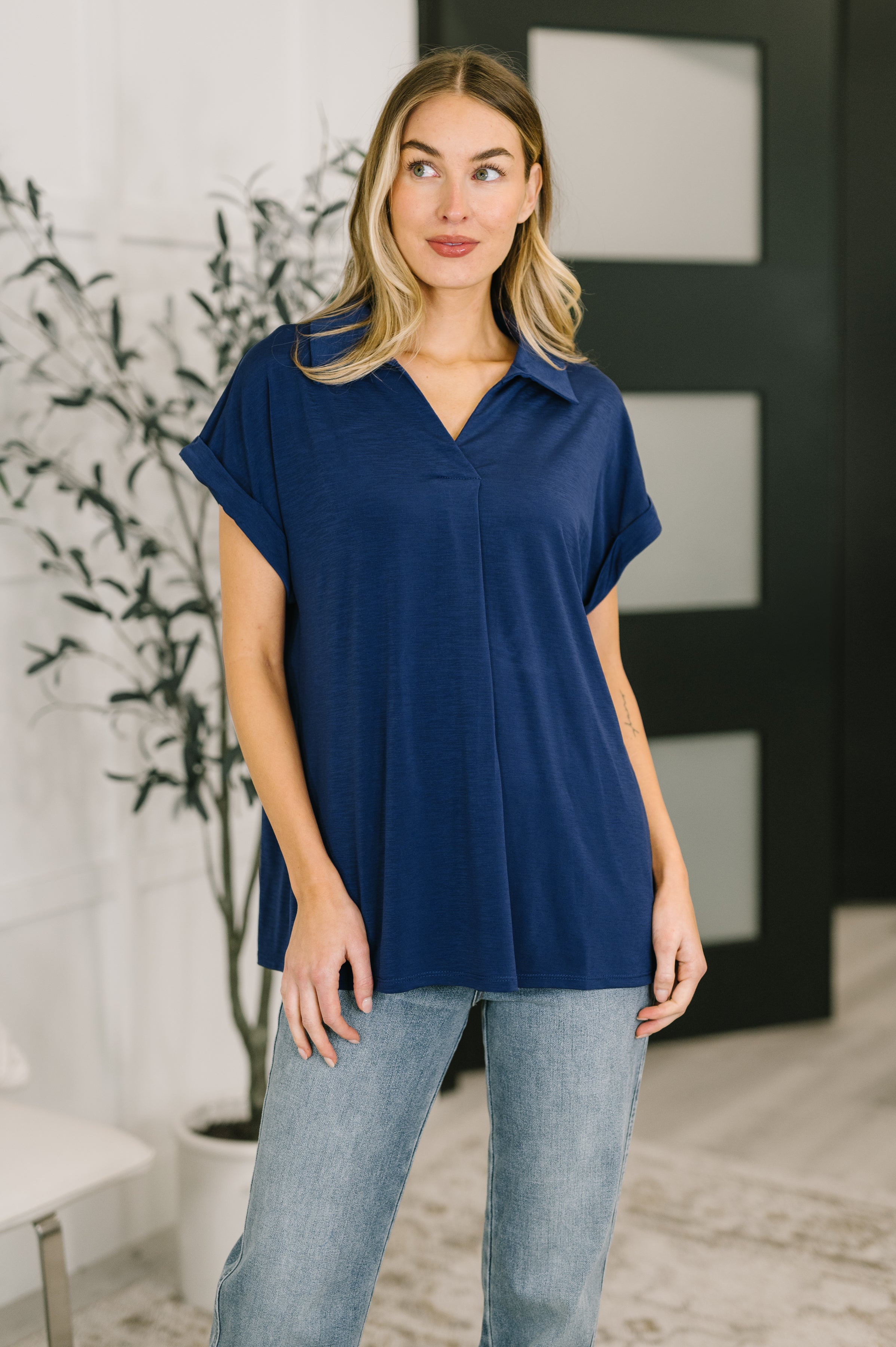 Navy Collared Top for Plus Size Women